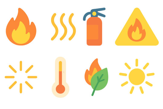 Exothermic Symbols Grid. Flat vector mini-illustrations exothermic symbols and signs in colors children's illustrations: flame