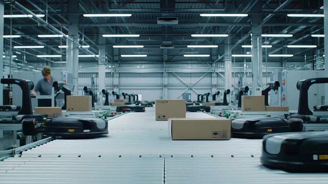 Automated factory line with robots transporting boxes and a worker overseeing the process