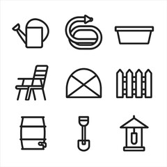 Garden Equipment Icons. Outline icon set of PVC garden and outdoor equipment: watering can, garden hose, planter box, outdoor