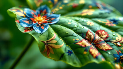 A close up of a large green leaf decorated with painted flowers and water droplets on a blurred background