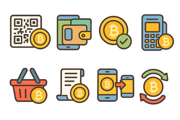Crypto Payment Icons. Flat vector mini-illustrations cryptocurrency payment systems in colors children's