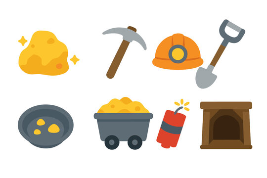Gold Mining Icons. Flat vector mini-illustrations gold mining in colors children's illustrations: gold nugget, pickaxe, miner