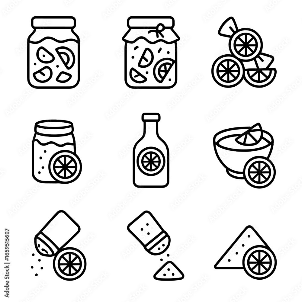 Poster grapefruit and berry icons. outline icon set of grapefruit snacks and condiments: grapefruit pickle,