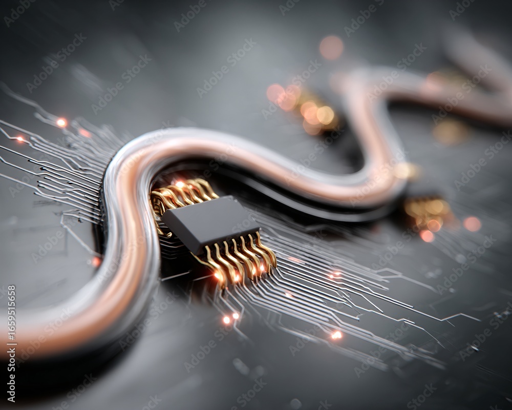 Poster abstract circuit-inspired neural network background with glowing points of light, copyspace