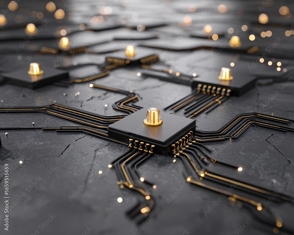 Poster abstract circuit-inspired neural network background with glowing points of light, copyspace