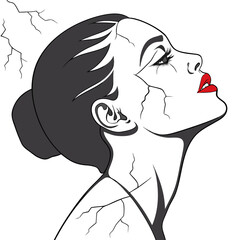 A side portrait of a woman’s face with cracks across it. Her hair is dark, and lips are bright red against a white background.

