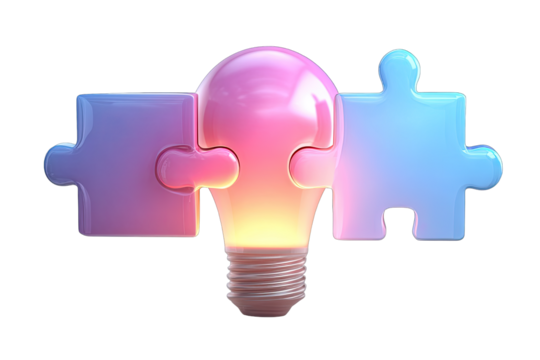 Illuminated lightbulb nestled within two puzzle pieces