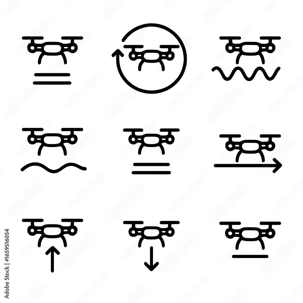 Aufkleber hover flight modes. outline icon set of hover flight modes: stationary hover, circular hover, zigzag