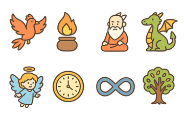 Fototapeta premium Immortal Icons Grid. Flat vector mini-illustrations immortal beings in colors children's illustrations: phoenix, eternal flame,