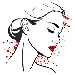 Line art sketch of a woman with red lips, eyes closed, and hair in a bun. The sketch is among others of a similar style.

