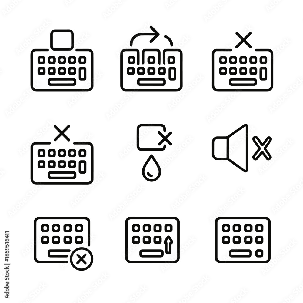 Poster keyboard error icons. outline icon set of keyboard error indicators: stuck key, key rollover, ghosti