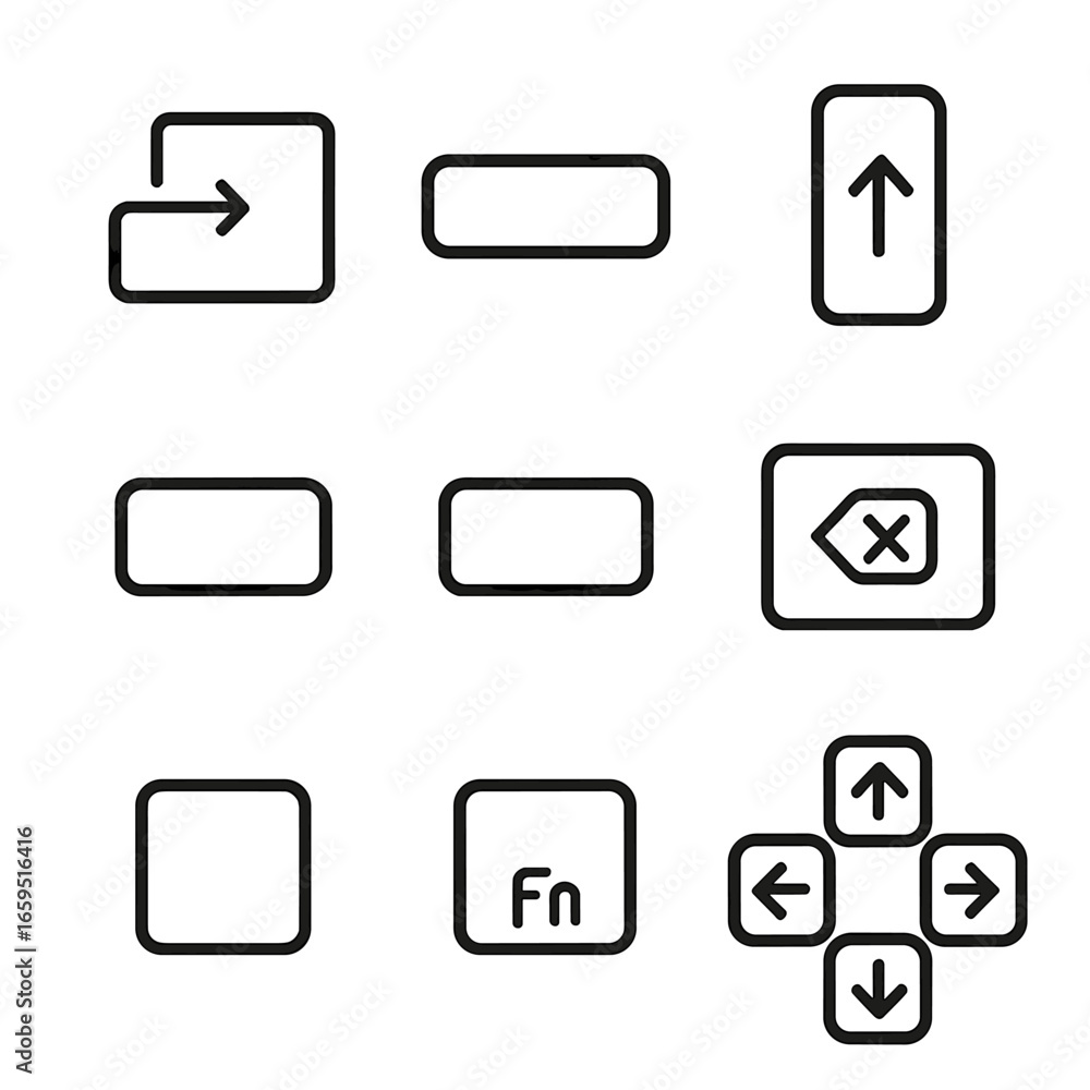 Poster keyboard keys icons. outline icon set of keyboard keys: enter key, space bar, shift key, control key