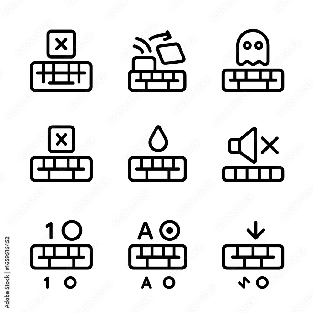 Aufkleber keyboard error icons. outline icon set of keyboard error indicators: stuck key, key rollover, ghosti