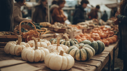 A vibrant farmers market scene showcasing a variety of pumpkins and gourds on a rustic wooden table. The warm, inviting atmosphere is enhanced by the presence of people browsing the fresh produce.