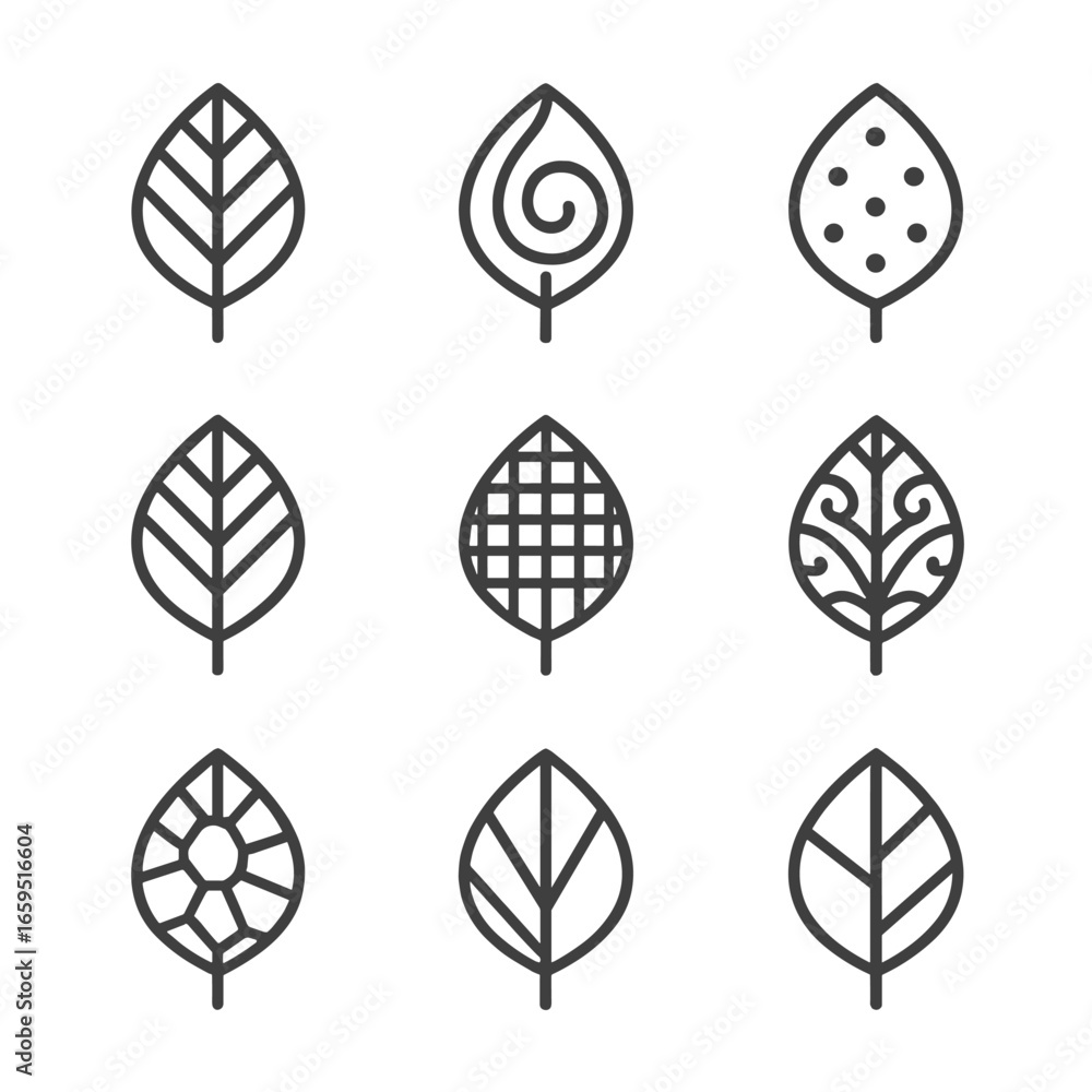 Poster leaf pattern icons. outline icon set of leaf patterns: zigzag leaf, spiral leaf, dotted leaf, stripe