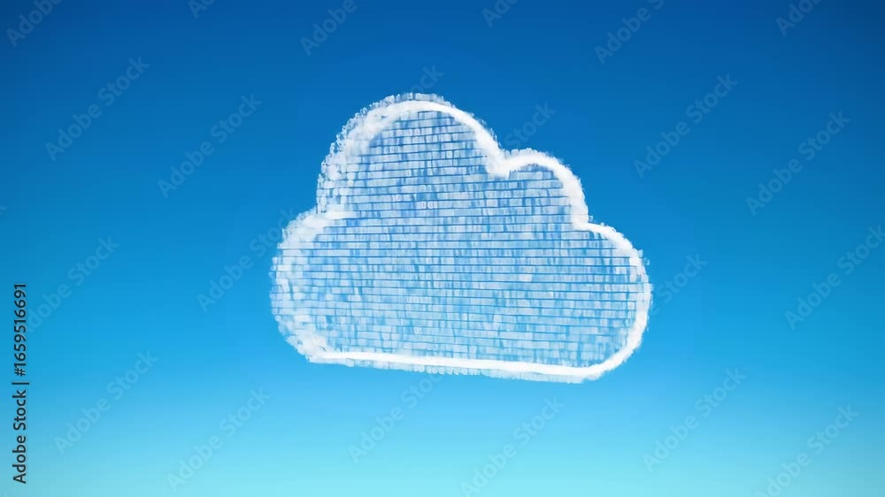 Poster a cloud shape filled with binary code against a gradient blue background in a digital illustration