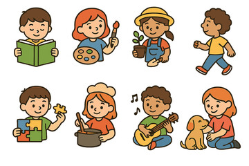 Digital Detox Activities. Flat vector mini-illustrations Digital detox activities in colors children's