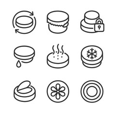 Lid Icon Set. Outline icon set of lid features: airtight lid, tamper-evident lid, childproof lid, spill-proof lid, vented lid,