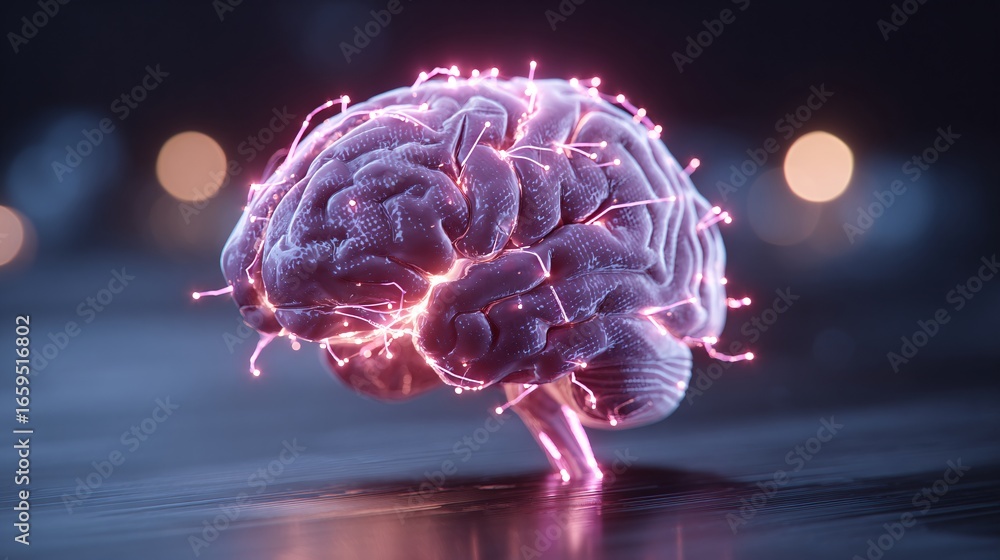 Poster glowing abstract brain with ai circuits and data patterns, futuristic stock photo with copyspace