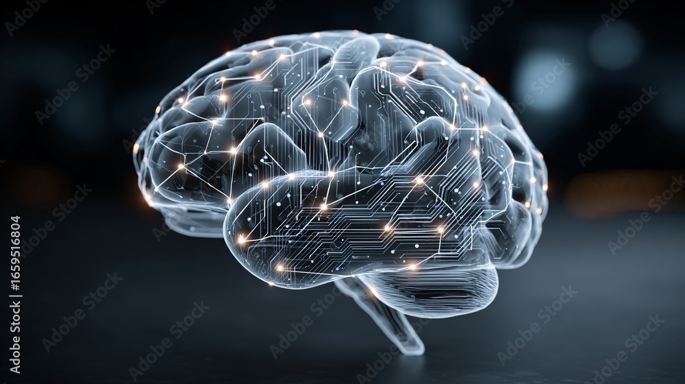 Poster glowing abstract brain with ai circuits and data patterns, futuristic stock photo with copyspace