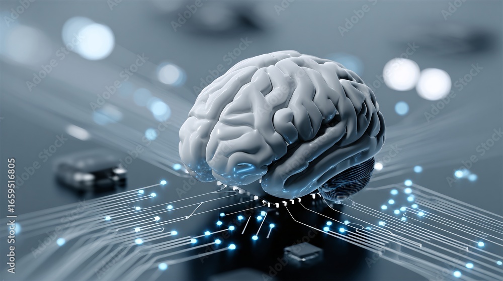 Poster glowing abstract brain with ai circuits and data patterns, futuristic stock photo with copyspace