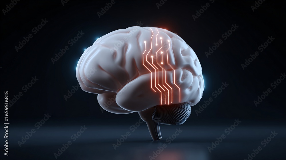 Poster glowing abstract brain with ai circuits and data patterns, futuristic stock photo with copyspace