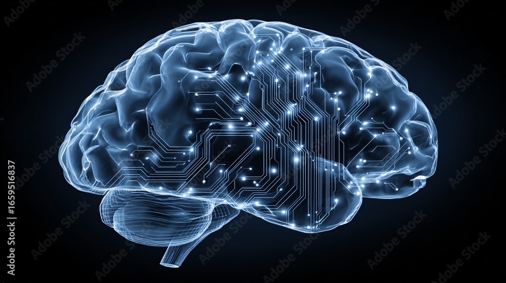 Poster glowing abstract brain with ai circuits and data patterns, futuristic stock photo with copyspace