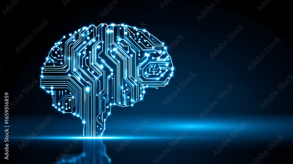 Poster glowing abstract brain with ai circuits and data patterns, futuristic stock photo with copyspace
