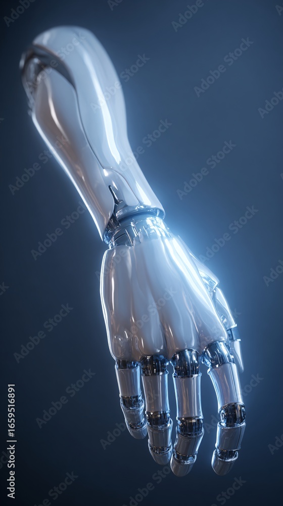 Poster robotic arm operating holographic 3d model, futuristic artificial intelligence visualization, copysp