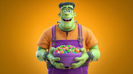 A 3D render of a happy Frankenstein monster holding a bowl of colorful candy, representing a fun and friendly interpretation of a classic Halloween character