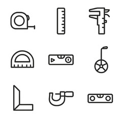 Measuring Tools Icons. Outline icon set of measuring tools: tape measure, ruler, caliper, protractor, laser level, measuring wheel
