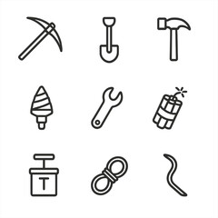 Obraz premium Mining Tools Icons. Outline icon set of mining tools: pickaxe, shovel, hammer, drill bit, wrench, dynamite, blasting cap, wire