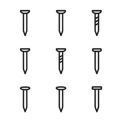 Nail Material Icons. Outline icon set of nail materials: steel nail, stainless steel nail, galvanized nail, brass nail, copper