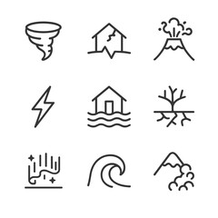 Fototapeta premium Natural Phenomena Icons. Outline icon set of natural phenomena: tornado, earthquake, volcano eruption, lightning, flood, drought,