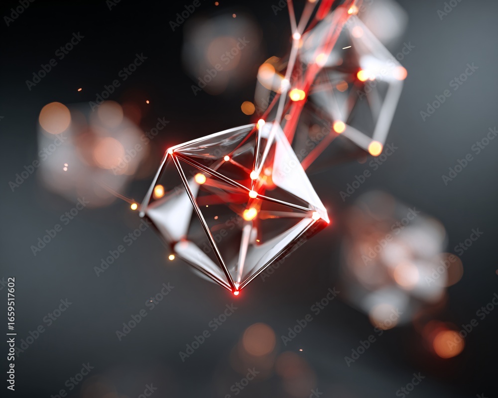 Poster abstract ai visualization with glowing polygon mesh and neural links, copyspace composition