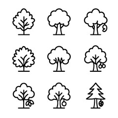 Nut Tree Icon Grid. Outline icon set of nut tree types: almond tree, walnut tree, cashew tree, hazelnut bush, pecan tree,