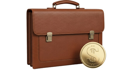 Isolated Brown Briefcase and Dollar Coin