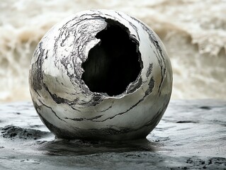 Damaged Metal Sphere with Large Hole on Rough Surface in Natural Environment