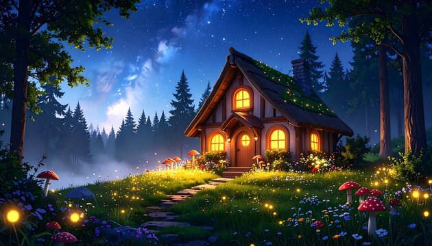 An ancient European stone church with a steeple stands on a snowy hill, its wooden roof and stained glass windows aglow at night