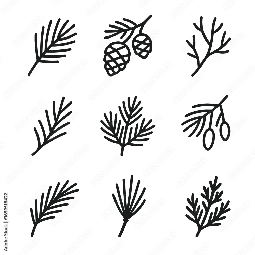 Aufkleber outline pine icon set. outline icon set of pine branches: pine branch with needles, pine branch with