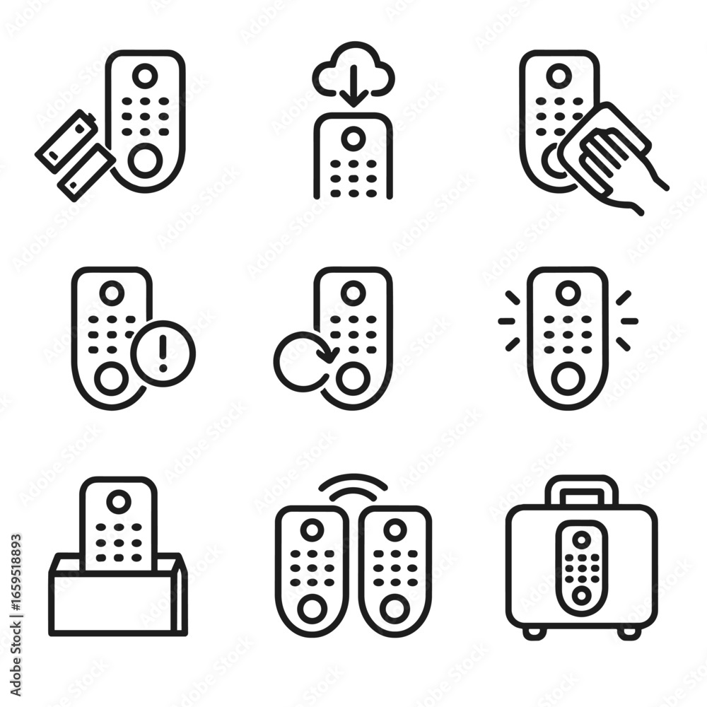 Poster remote control icon set. outline icon set of remote control maintenance: battery replacement, firmwa