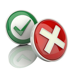Fototapeta premium Green checkmark and red cross symbols representing yes and no choices on a reflective surface