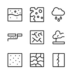 Rust Types Icon Set. Outline icon set of rust types: surface rust, scale rust, pitting rust, crevice rust, filiform rust,