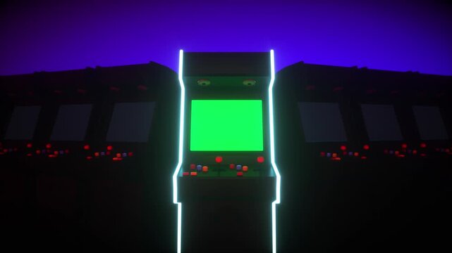 Glowing Arcade Machines with Vibrant Green Screens in Dimly Lit Room Retro Design and Colorful Buttons Evoke Nostalgia and Excitement in Neon Lit Atmosphere