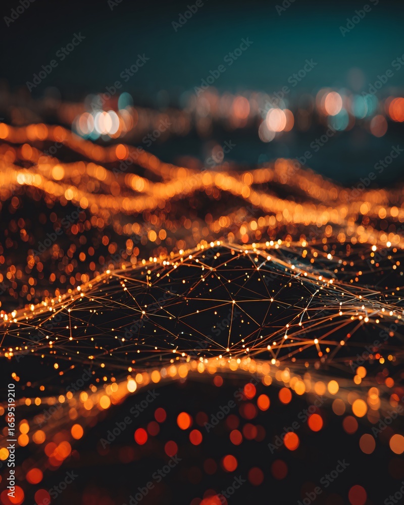 Poster abstract visualization of artificial intelligence network grid, glowing lines and spheres, stock pho