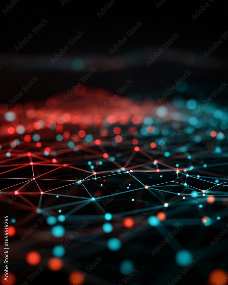 Poster abstract visualization of artificial intelligence network grid, glowing lines and spheres, stock pho