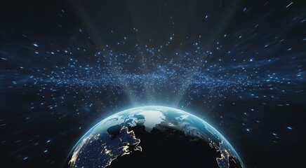 Fototapeta premium Planet Earth Emerging from a Sparkling Galaxy Cosmic Scene with City Lights and Atmosphere Glow