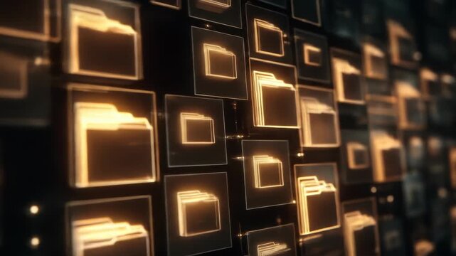 A network of illuminated, transparent folders, glow against a dark backdrop, evoking data, access, and storage concepts