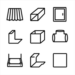 Sheet Metal Icons. Outline icon set of sheet metal products: metal panel, duct, enclosure, bracket, metal box, pipe fitting,
