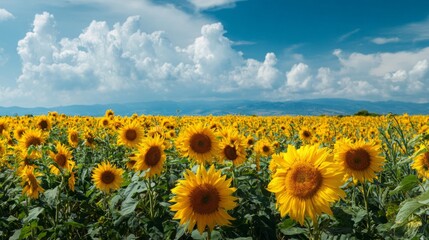 Obraz premium A vibrant panorama of a sunflower field basking under a brilliant blue sky dotted with fluffy clouds, creating a scene of serene beauty.